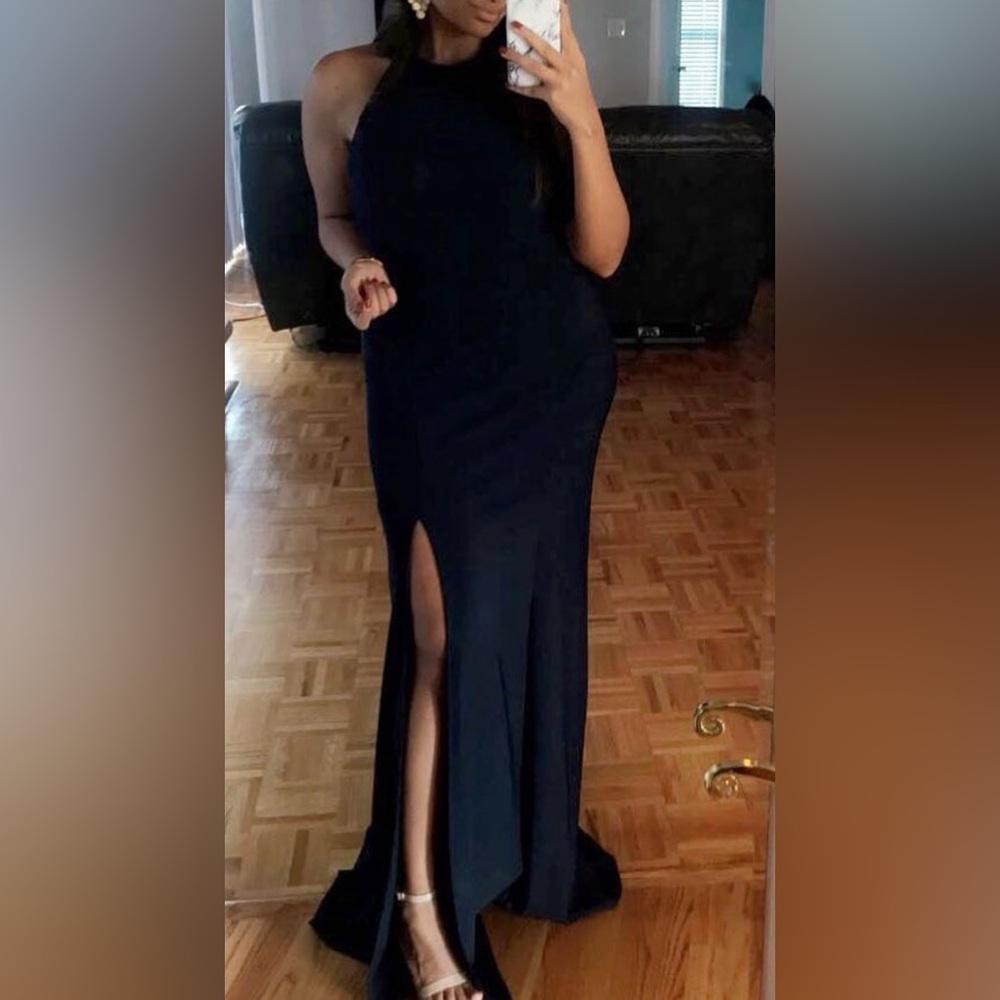 Elegant Navy Evening Gown with Halter Neck